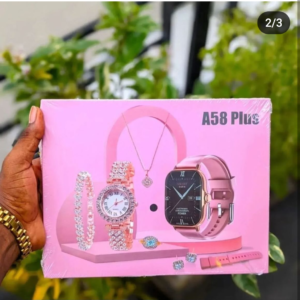 Smart Watch A58 Plus Series Supports Bluetooth Call Ultra Long Endurance Sleep Monitoring + Additional Women's Diamond Set Small Gold Watch Necklace Ring Earrings Bracelet Set Gift Box price in Pakistan