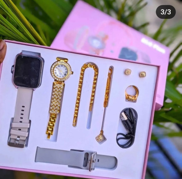 Smart Watch A58 Plus Series Supports Bluetooth Call Ultra Long Endurance Sleep Monitoring + Additional Women's Diamond Set Small Gold Watch Necklace Ring Earrings Bracelet Set Gift Box price in Pakistan