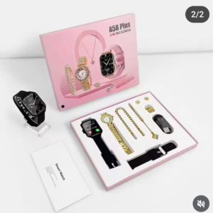 Smart Watch A58 Plus Series Supports Bluetooth Call Ultra Long Endurance Sleep Monitoring + Additional Women's Diamond Set Small Gold Watch Necklace Ring Earrings Bracelet Set Gift Box price in Pakistan