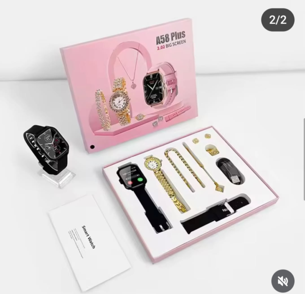 Smart Watch A58 Plus Series Supports Bluetooth Call Ultra Long Endurance Sleep Monitoring + Additional Women's Diamond Set Small Gold Watch Necklace Ring Earrings Bracelet Set Gift Box price in Pakistan