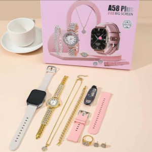 Smart Watch A58 Plus Series Supports Bluetooth Call Ultra Long Endurance Sleep Monitoring + Additional Women's Diamond Set Small Gold Watch Necklace Ring Earrings Bracelet Set Gift Box price in Pakistan