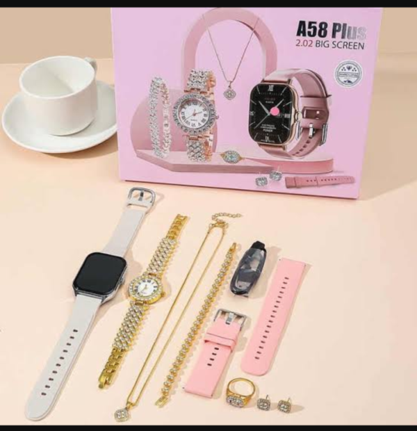 Smart Watch A58 Plus Series Supports Bluetooth Call Ultra Long Endurance Sleep Monitoring + Additional Women's Diamond Set Small Gold Watch Necklace Ring Earrings Bracelet Set Gift Box price in Pakistan