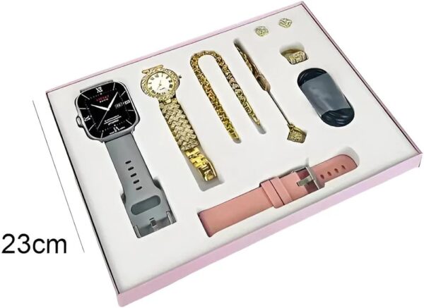 Smart Watch A58 Plus Series Supports Bluetooth Call Ultra Long Endurance Sleep Monitoring + Additional Women's Diamond Set Small Gold Watch Necklace Ring Earrings Bracelet Set Gift Box price in Pakistan