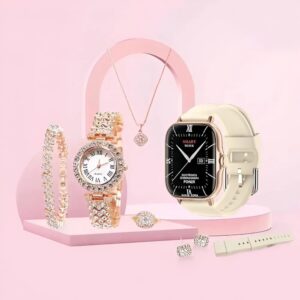 Smart Watch A58 Plus Series Supports Bluetooth Call Ultra Long Endurance Sleep Monitoring + Additional Women's Diamond Set Small Gold Watch Necklace Ring Earrings Bracelet Set Gift Box price in Pakistan