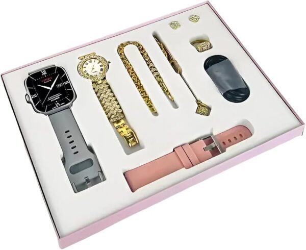 Smart Watch A58 Plus Series Supports Bluetooth Call Ultra Long Endurance Sleep Monitoring + Additional Women's Diamond Set Small Gold Watch Necklace Ring Earrings Bracelet Set Gift Box price in Pakistan