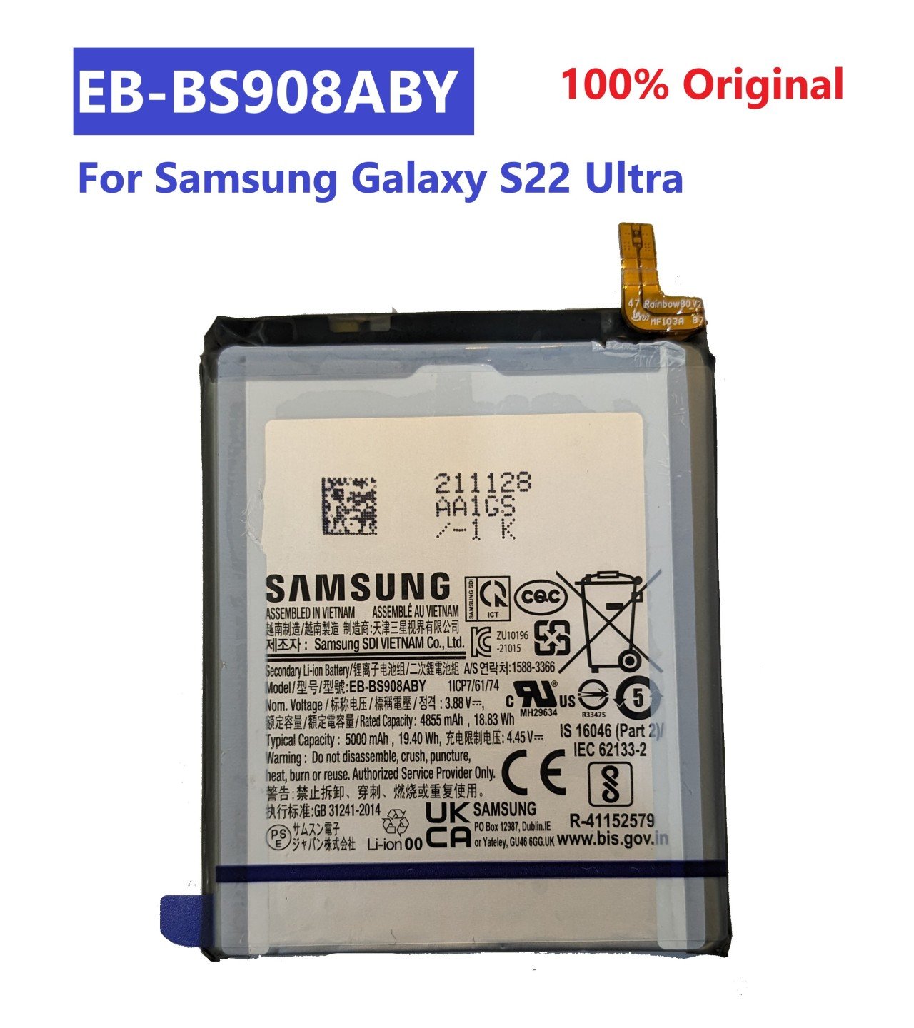 Original Samsung Galaxy S22 Ultra Battery EB-BS908ABY Capacity-5000mAh
