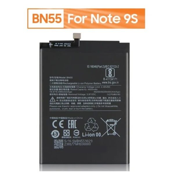Redmi Note 9s Battery Replacement MI BN55 Battery with 5020mAh Capacity , Battery Replacement for Redmi Note 9s