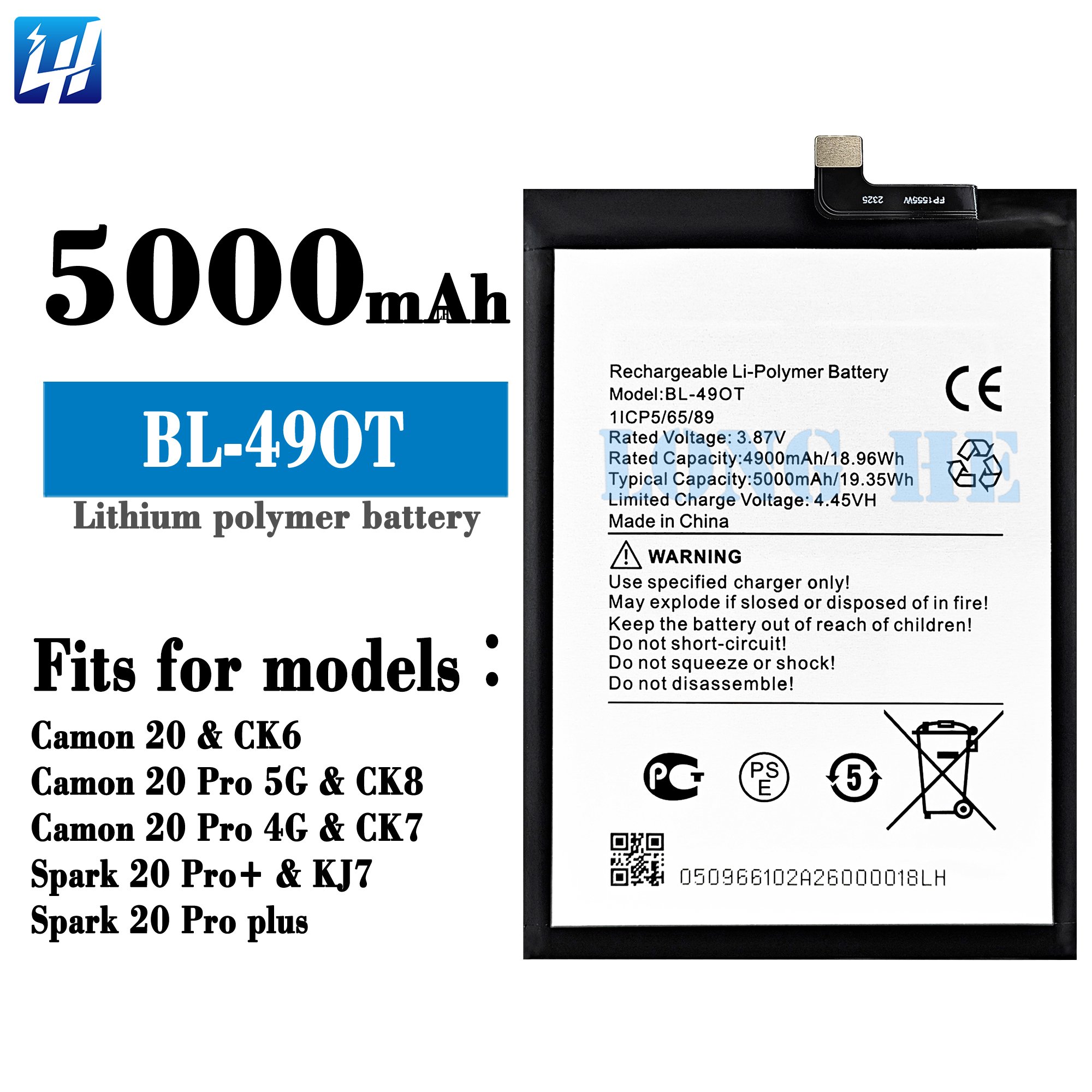 Replace Tecno Battery BL-490T 5000mAh for Camon 20 20 Pro 4G 20 Pro 5G Spark 20 Pro+ Spark 20 Pro Plus Mobile Phone Battery